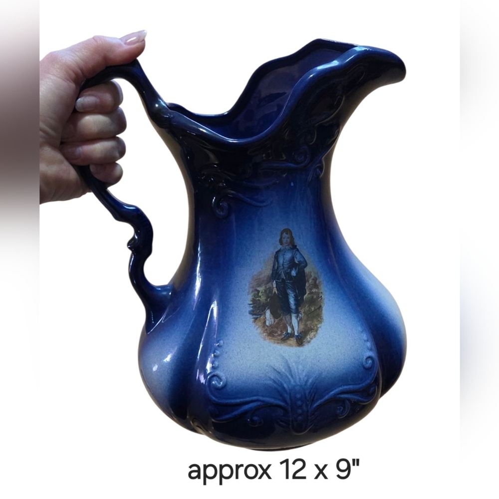 Vtg. Ironstone Large Porcelain Water Pitcher Cobalt Victorian Blue Boy